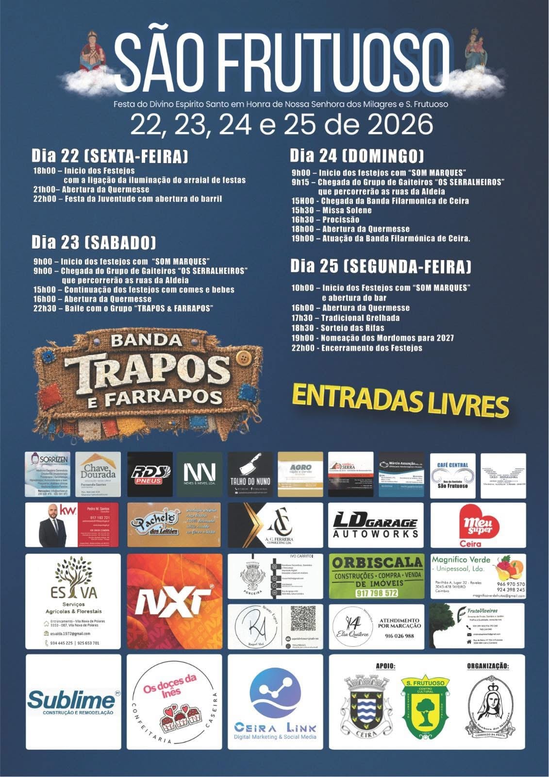 Cartaz de Festa do Divino Espírito Santo em Honra de N.ª Sr.ª dos Milagres e S. Frutuoso